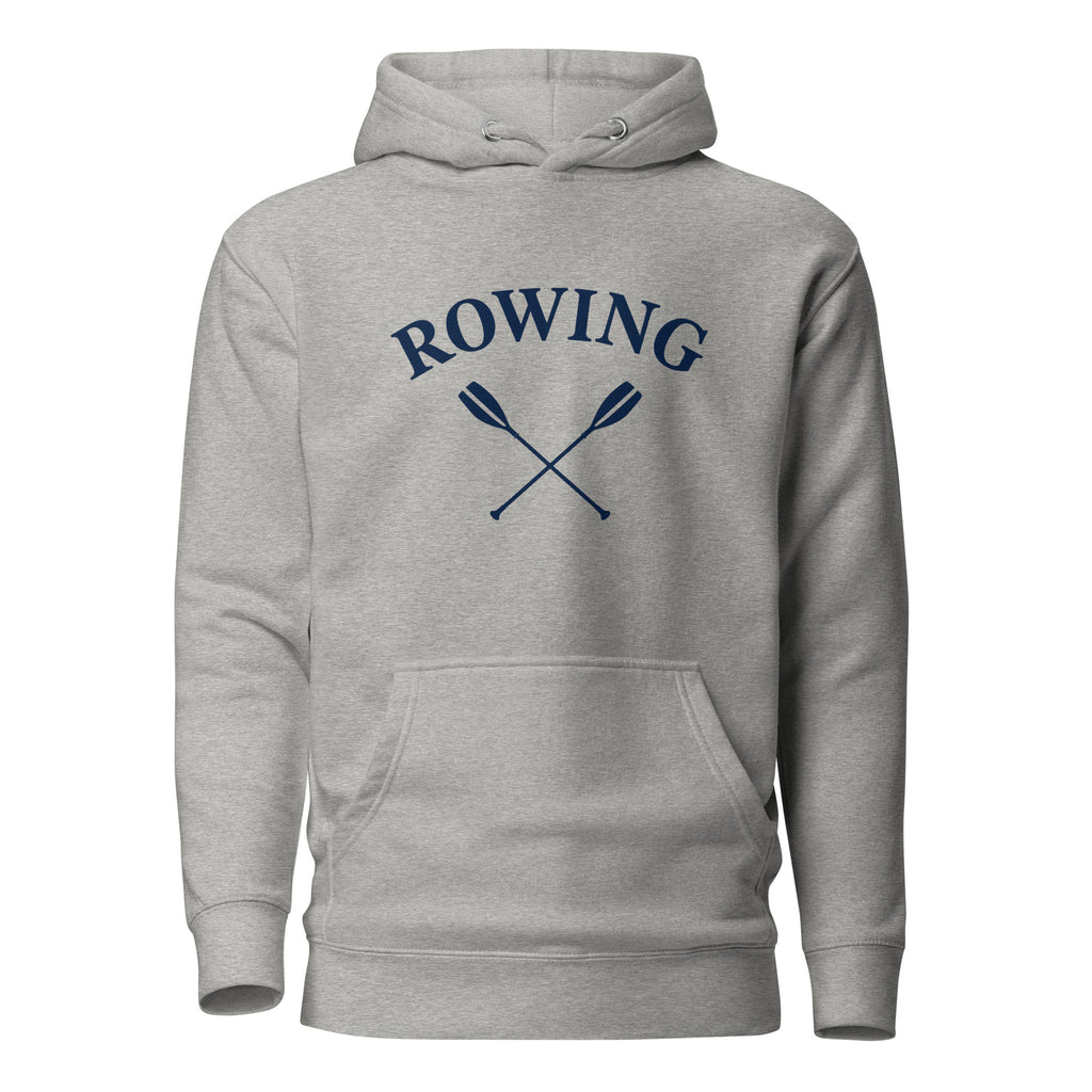 Product Heather gray rowing hoodie with navy ROWING lettering and crossed oarsmockup