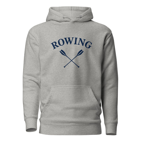 Product Heather gray rowing hoodie with navy ROWING lettering and crossed oarsmockup