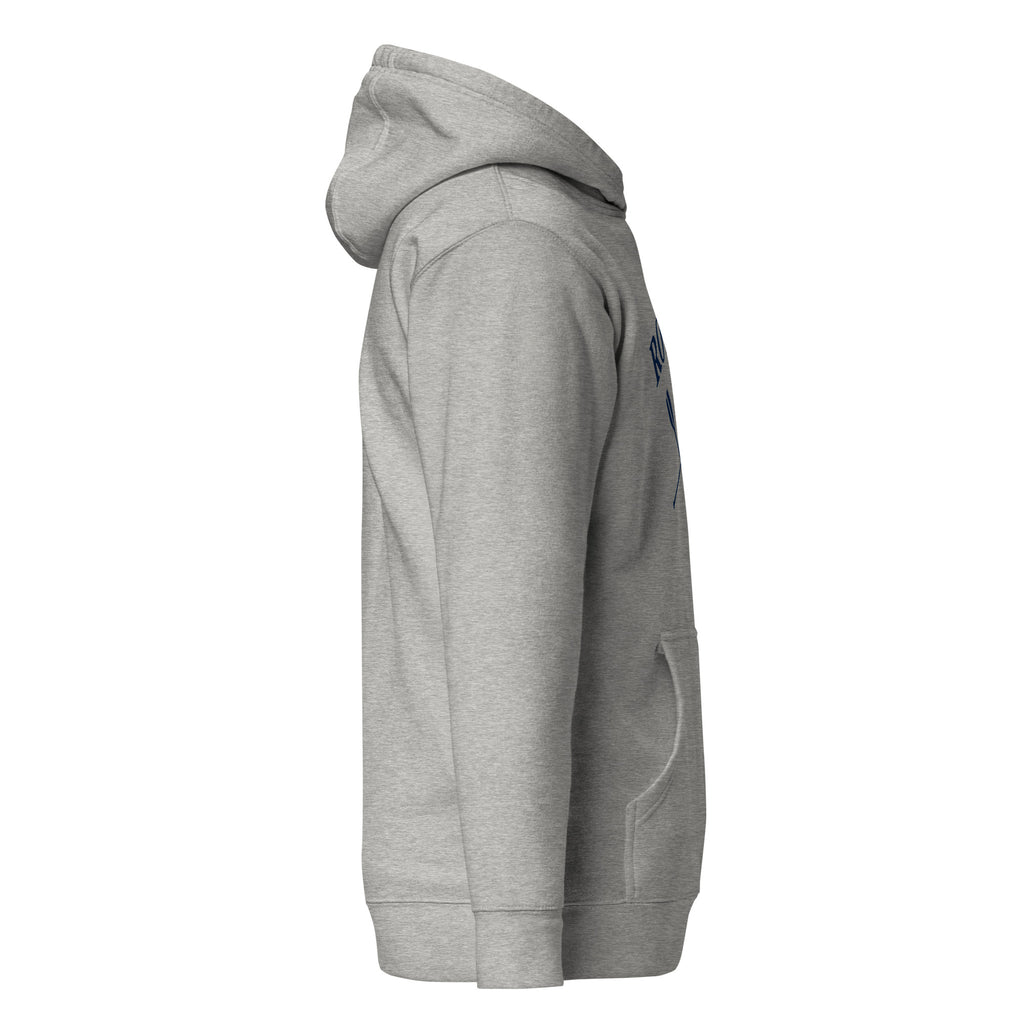 Side view of heather gray rowing hoodie with collegiate crew design