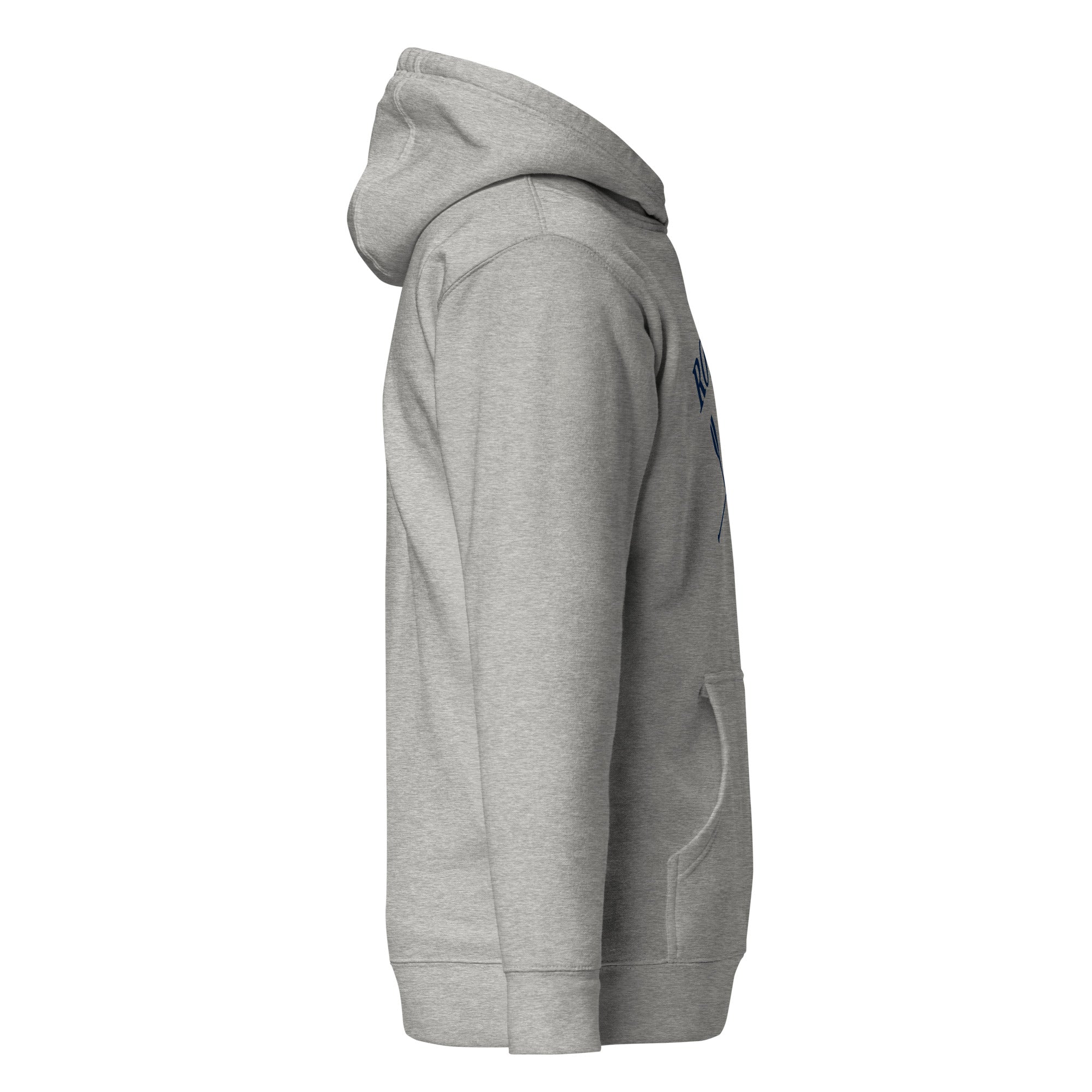 Side view of heather gray rowing hoodie with collegiate crew design