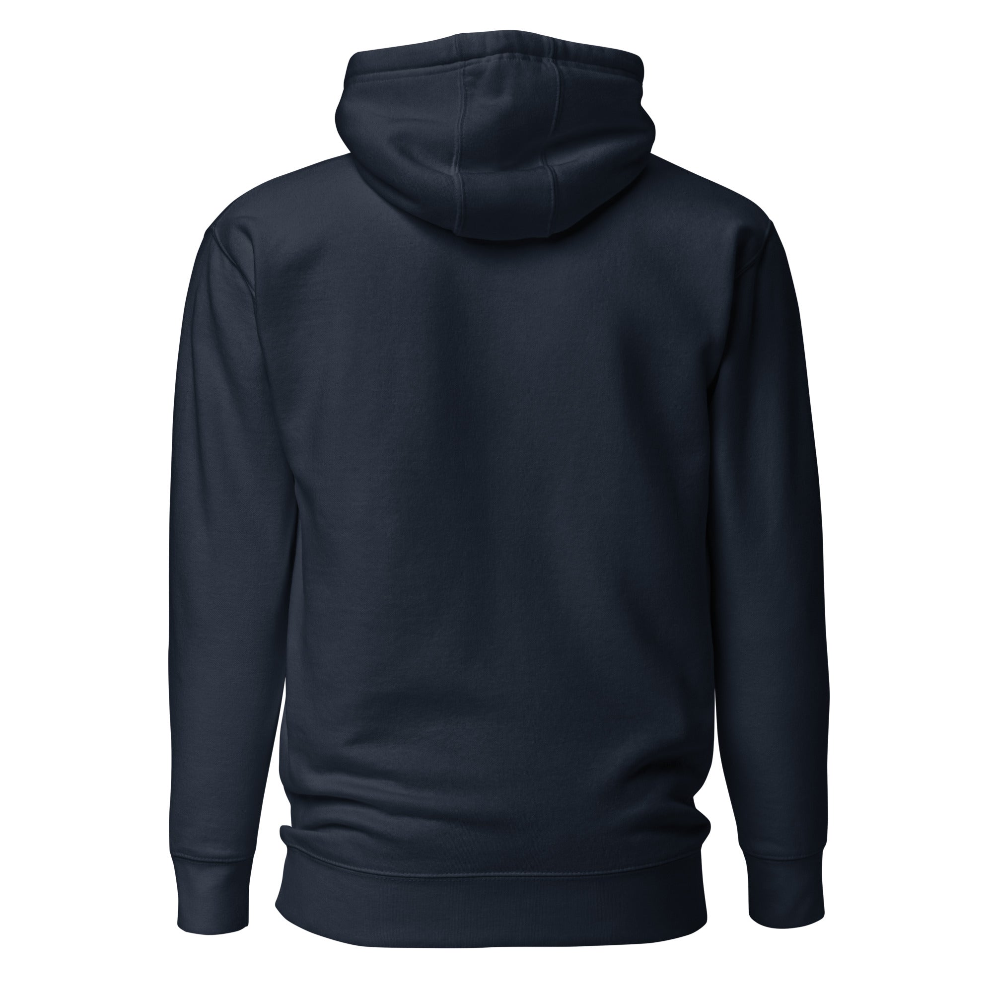 Back view of navy Row More, Worry Less rowing hoodie