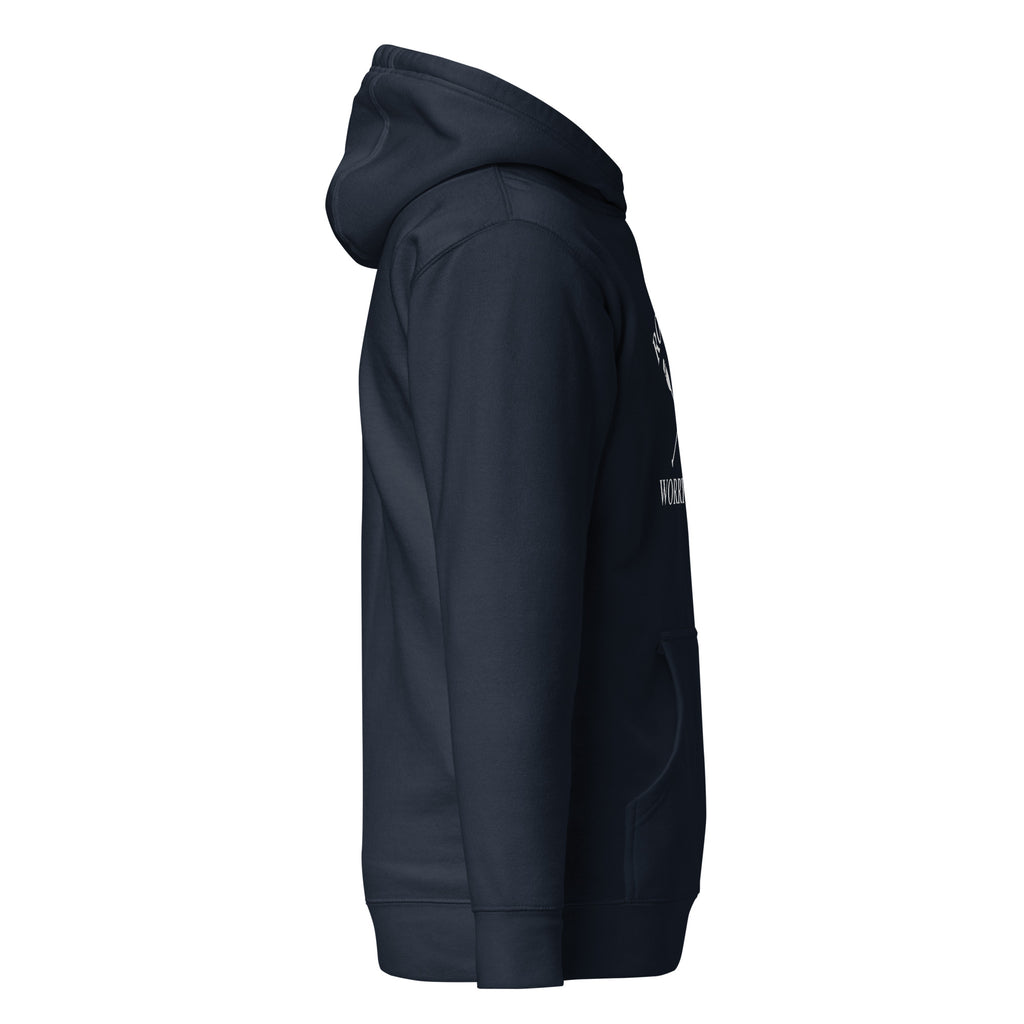 Side view of navy rowing hoodie with drawstring hood